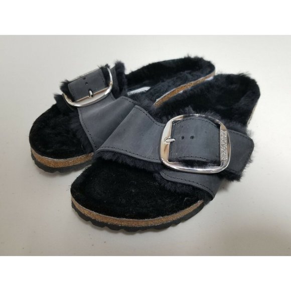 Birkenstock Madrid Big Buckle Black Oiled Leather Shearling Size 39 Narrow New - Picture 2 of 6